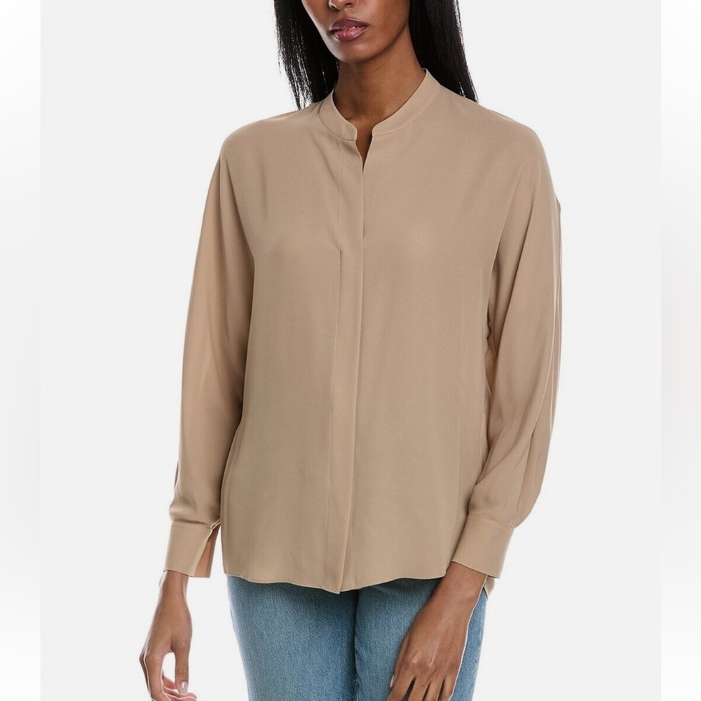 VINCE DROP SHOULDER LONG SLEEVE BAND COLLAR SAND BEIGE BLOUSE SIZE S